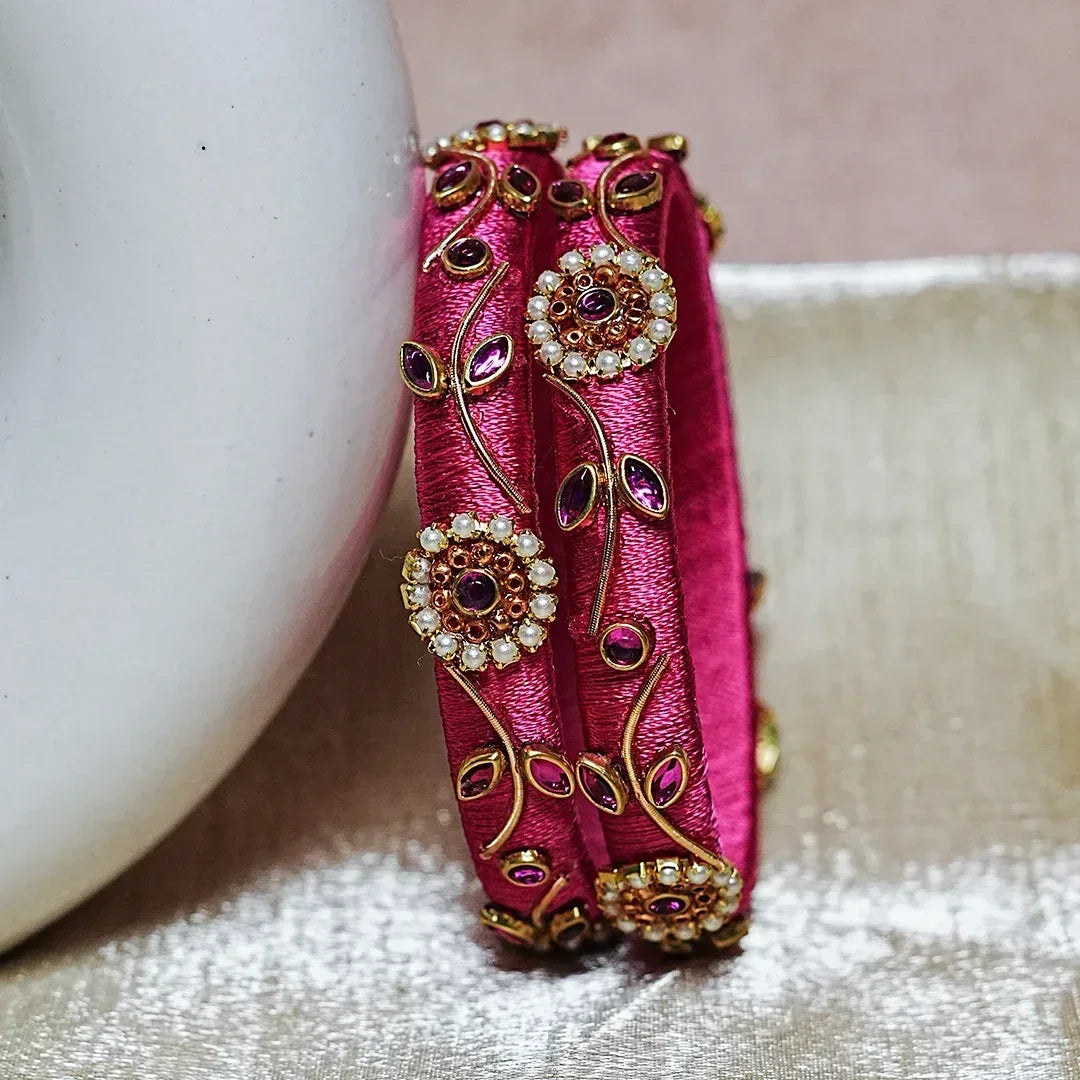 Designer Thread Work Kundan Leaf Style Kada Bangle for Women & Girls (Pack of 2) - The Golden Cascade